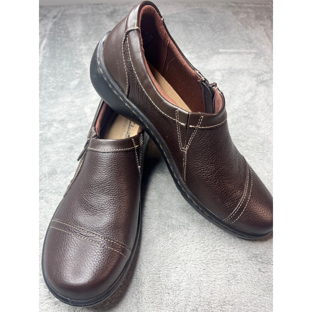 Clarks Collection Cora Giny Dark Brown Tumbled Leather Zip Loafers Womens 9 M